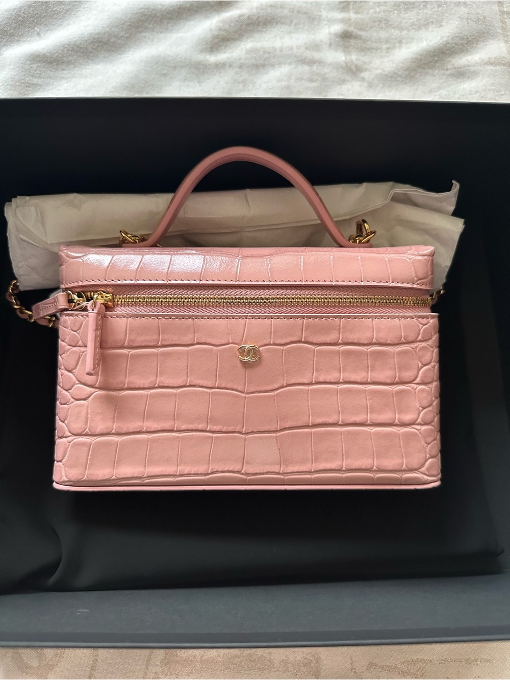 Chanel 26B Pink Crocodile Embossed Slim Top Handle Vanity Case With Chain Bag
